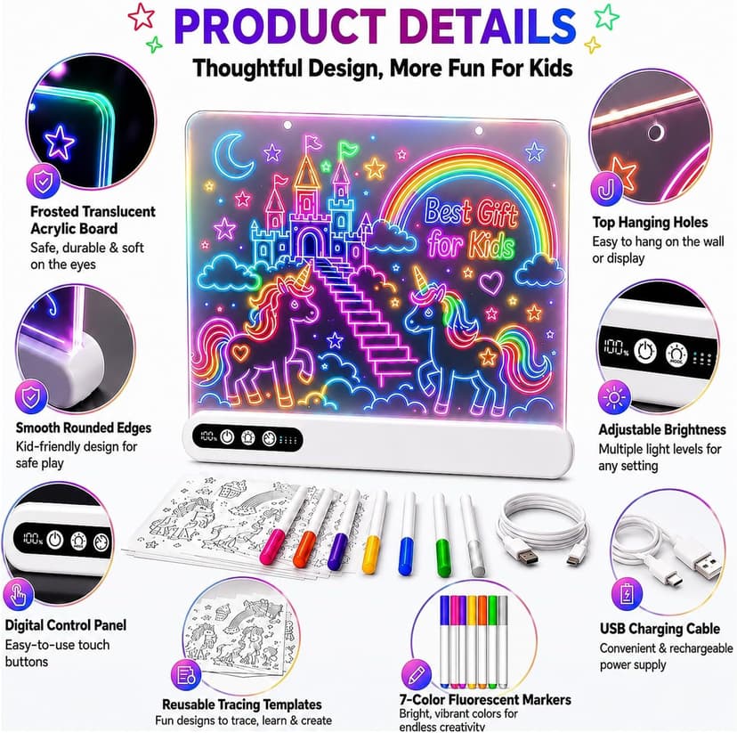 Led Drawing Board with 14 Light Effects,16" Rechargeable Glow Doodle Led Note Board with Colorful Markers,Neon Art Dry Erase Doodle Glow Drawing Tablet,Chritmas Birthday Festival Gifts for Kid (White) B0H1HPZ583