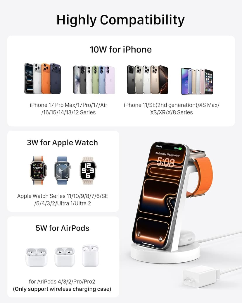 3 in 1 Charging Station for iPhone - Wireless Charger for Apple Products Multiple Devices - Charging Dock Stand for AirPods (for iPhone 17 16e 16 15 14 13 pro 12 11 X Max)