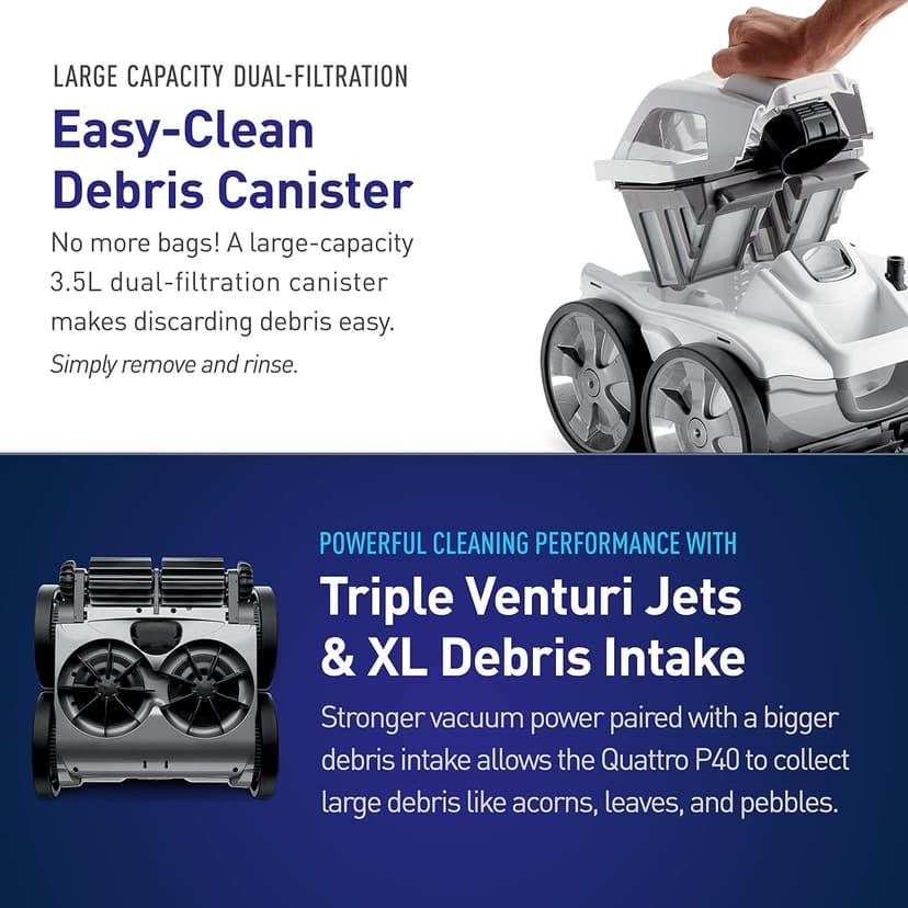 Polaris Quattro P40 Pressure Side Pool Cleaner for All In-Ground Pool Surfaces, Large-Capacity Dual Filtration Canister, 31' Hose & Transparent Lid to View Debris