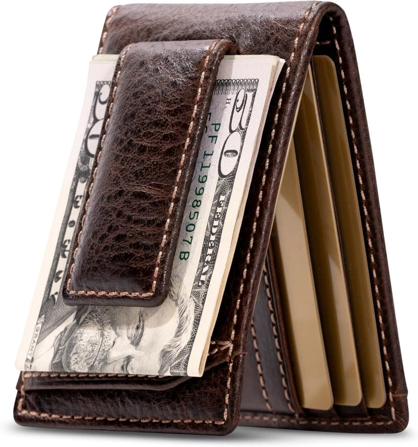 House of Jack Co. Ivor Bifold Money Clip Wallet for Men, Slim Front Pocket Wallet with Strong Magnetic Clip, Exterior ID Window, Full Grain Cowhide, Brown