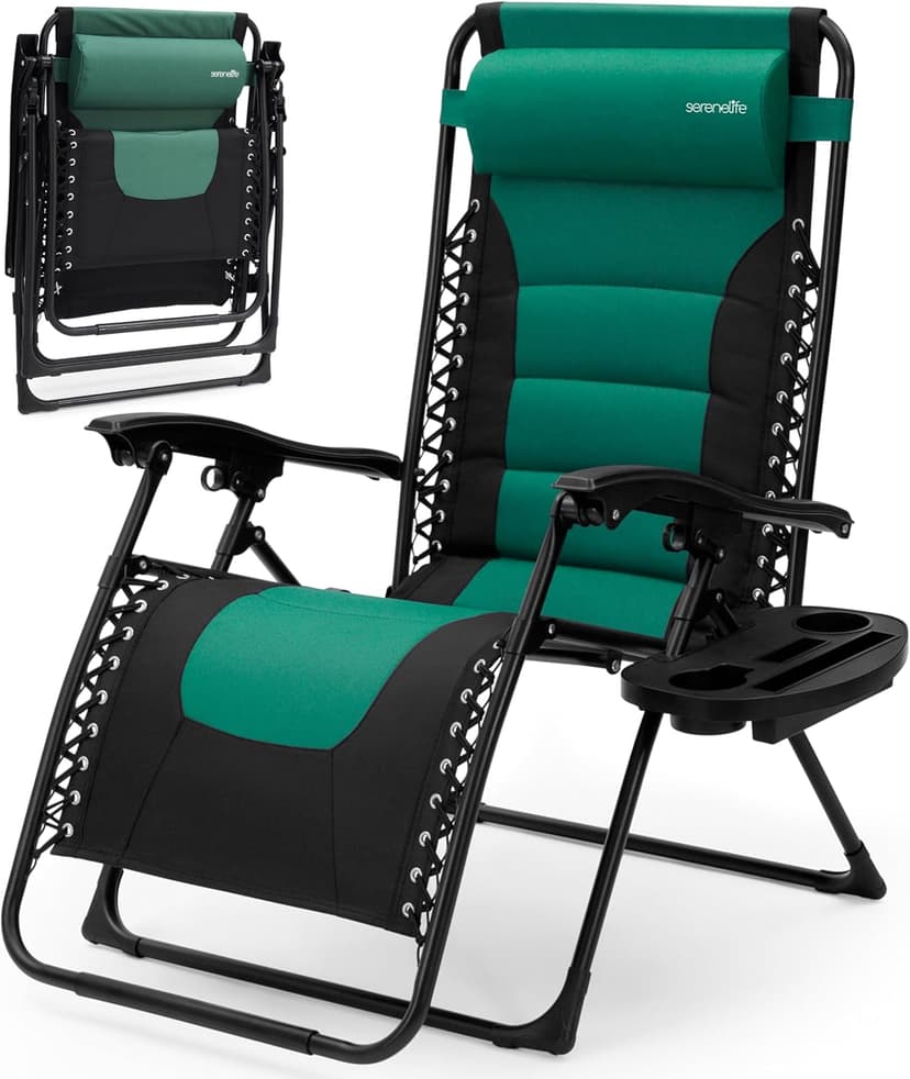 SereneLife Oversized Padded Zero Gravity Lounge Chair, Foldable Outdoor Patio Recliner, Anti Gravity Lawn Recliner with Cup Holder and Side Table for Backyard, Camping, Beach or Outdoor Relaxation