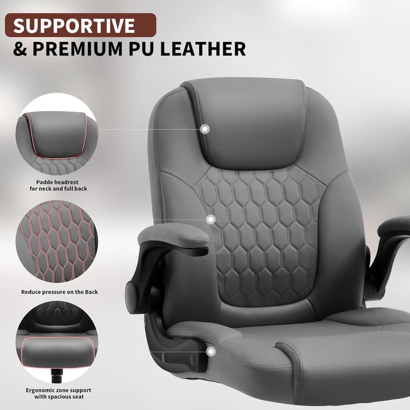 Executive Office Chair PU,Leather Office Chair with Wheels,360° Swivel Rolling Chair with Padded Arms,Ergonomic Computer Chair with Lumbar Support for Short People Use (Grey)