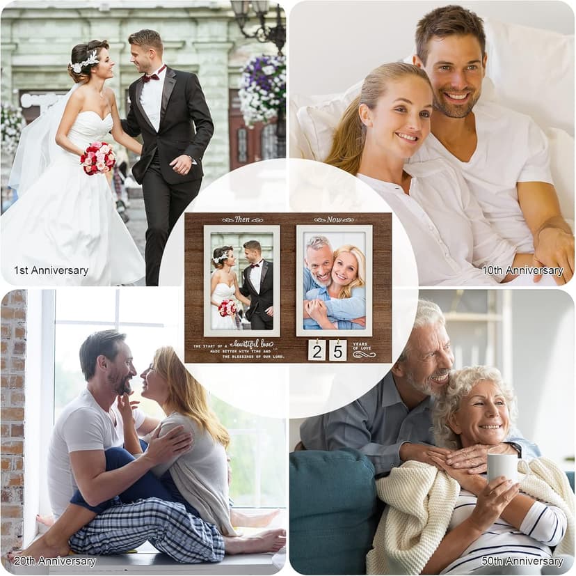 Then & Now Anniversary Picture Frame, 1-99 Years Wedding Gift Ideas - Anniversary Wood Photo Frame, Engagement Bridal Shower Gifts with Sentimental Quote - Holds 2 4x6 Inches Photos (Then & Now)
