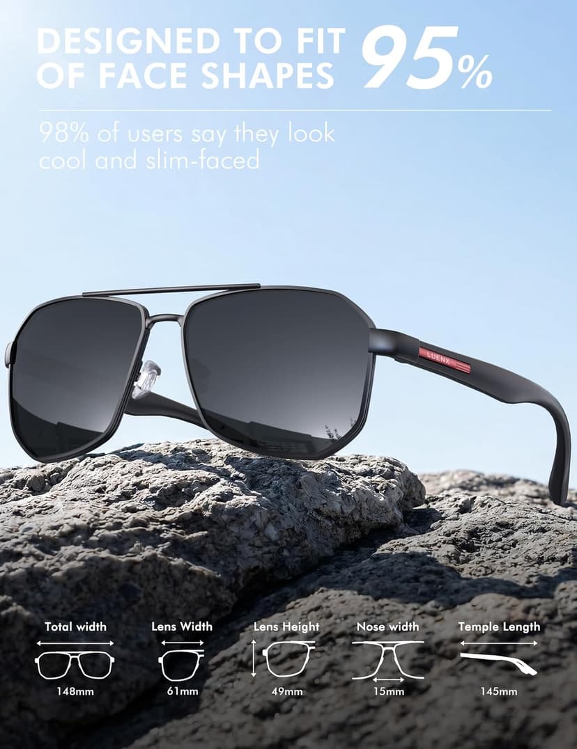 LUENX Aviator Sunglasses for Men Square Polarized Polygon Lens - UV 400 Protection with Accessories 61MM Driving Outdoor