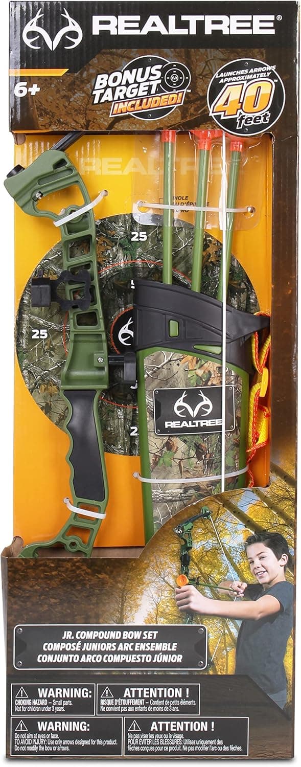 NKOK Realtree Jr. Compound Bow Set; PVC Tipped Suction Cup Arrows Can Be Propelled Up to 40 Feet; 3 Arrows and Target; Red LED Scope; Age 6+