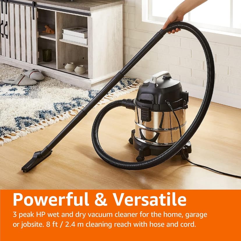 Amazon Basics Wet Dry Vacuum Cleaner, 4 gallon Shop, 3 HP Stainless Steel, Grey/Black