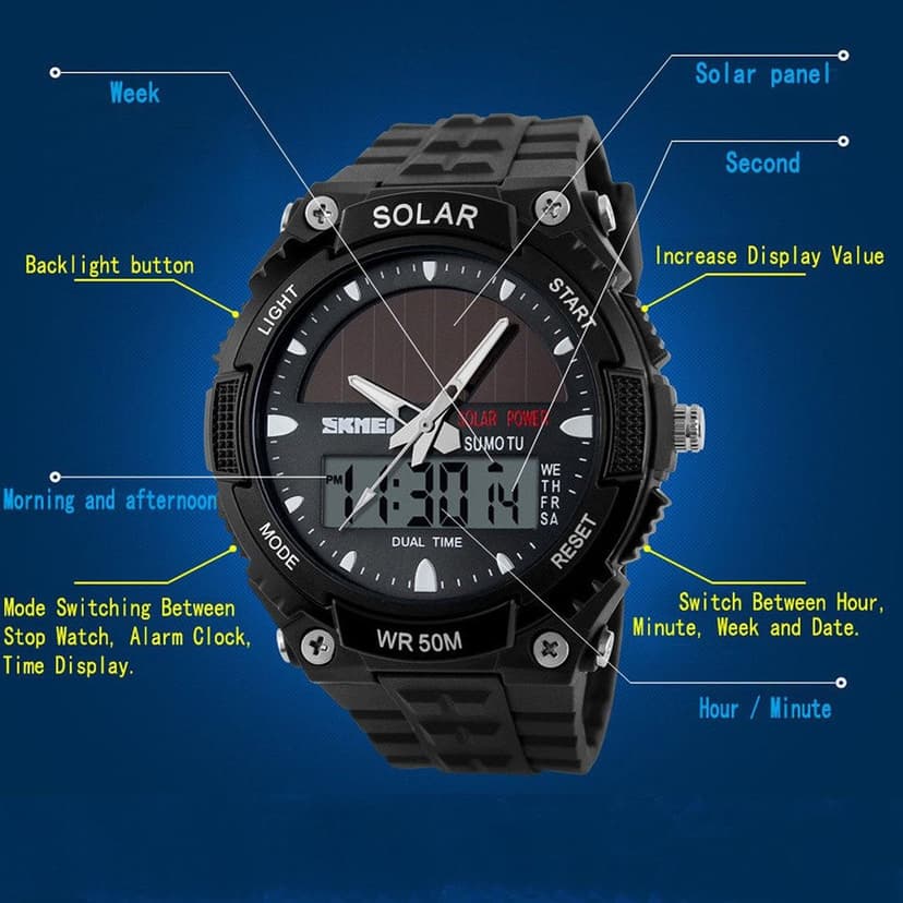 MASTOP Solar Powered Energy Watch for Men Military Digital Multifunctional Led Luminous Indication 2 Time Zone 50m Waterproof Watch Reloj Solar para Hombre