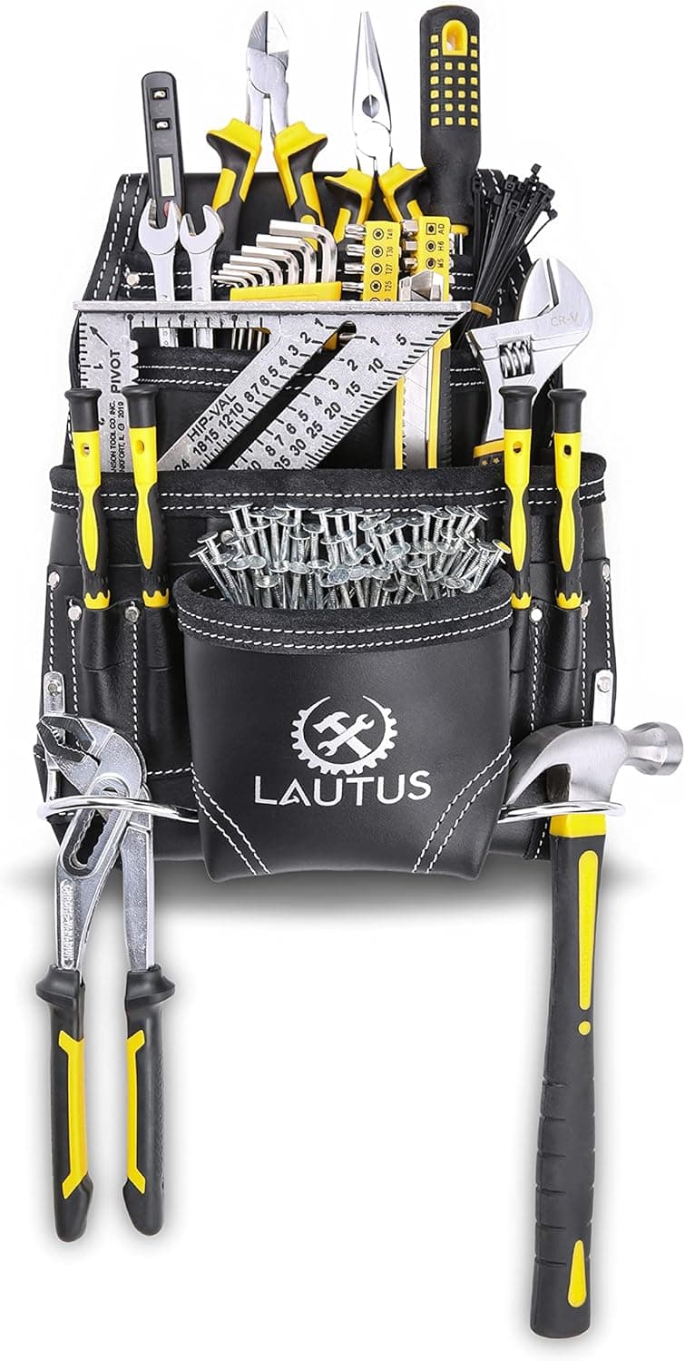 LAUTUS Oil Tanned Leather Tool Pouch Bag | Black | Carpenter, Construction, Framers, Handyman | 10 Pockets, 2 Hammer Holders | 100% Leather