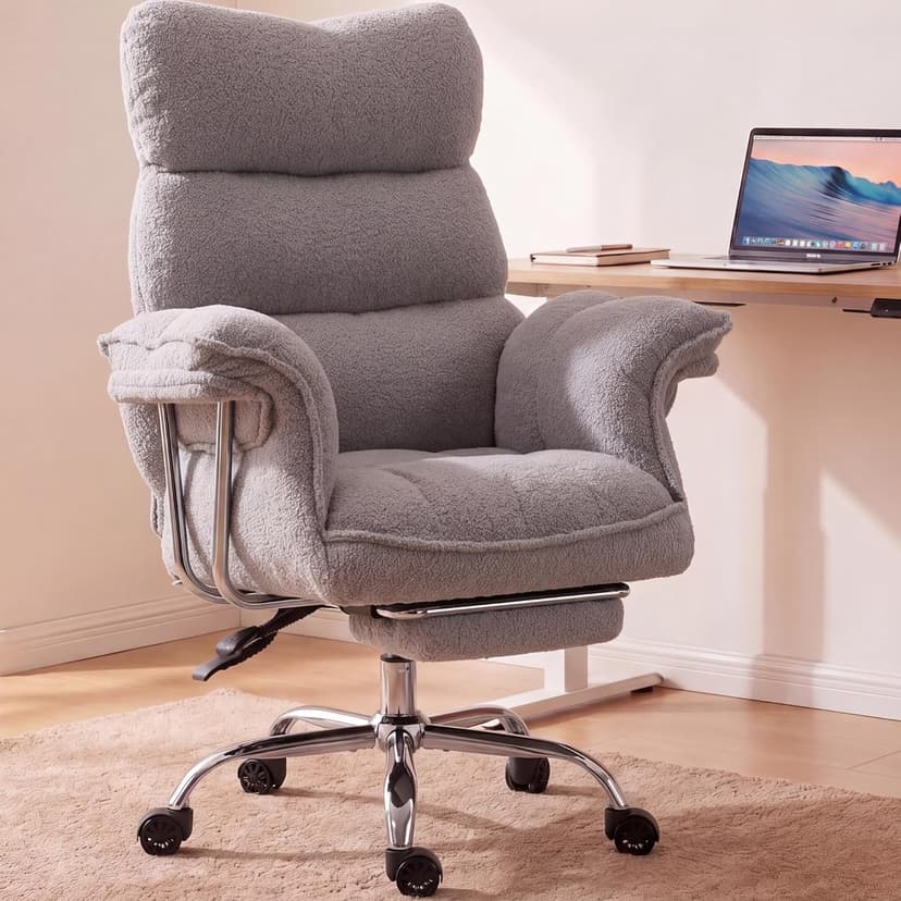 Dowinx Big and Tall Office Chair, Ergonomic Desk Chair with Thick Cushion, Wide Seat & Armrests Computer Gaming Chair,High Back Reclining Teddy Fleece Criss Cross Chair with Foot Rest, Gray