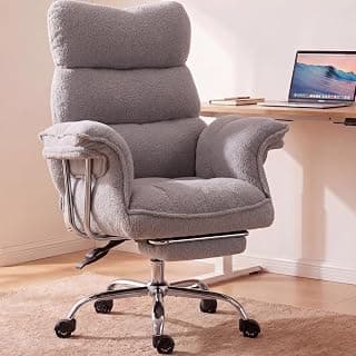 Dowinx Big and Tall Office Chair, Ergonomic Desk Chair with Thick Cushion, Wide Seat & Armrests Computer Gaming Chair,High Back Reclining Teddy Fleece Criss Cross Chair with Foot Rest, Gray