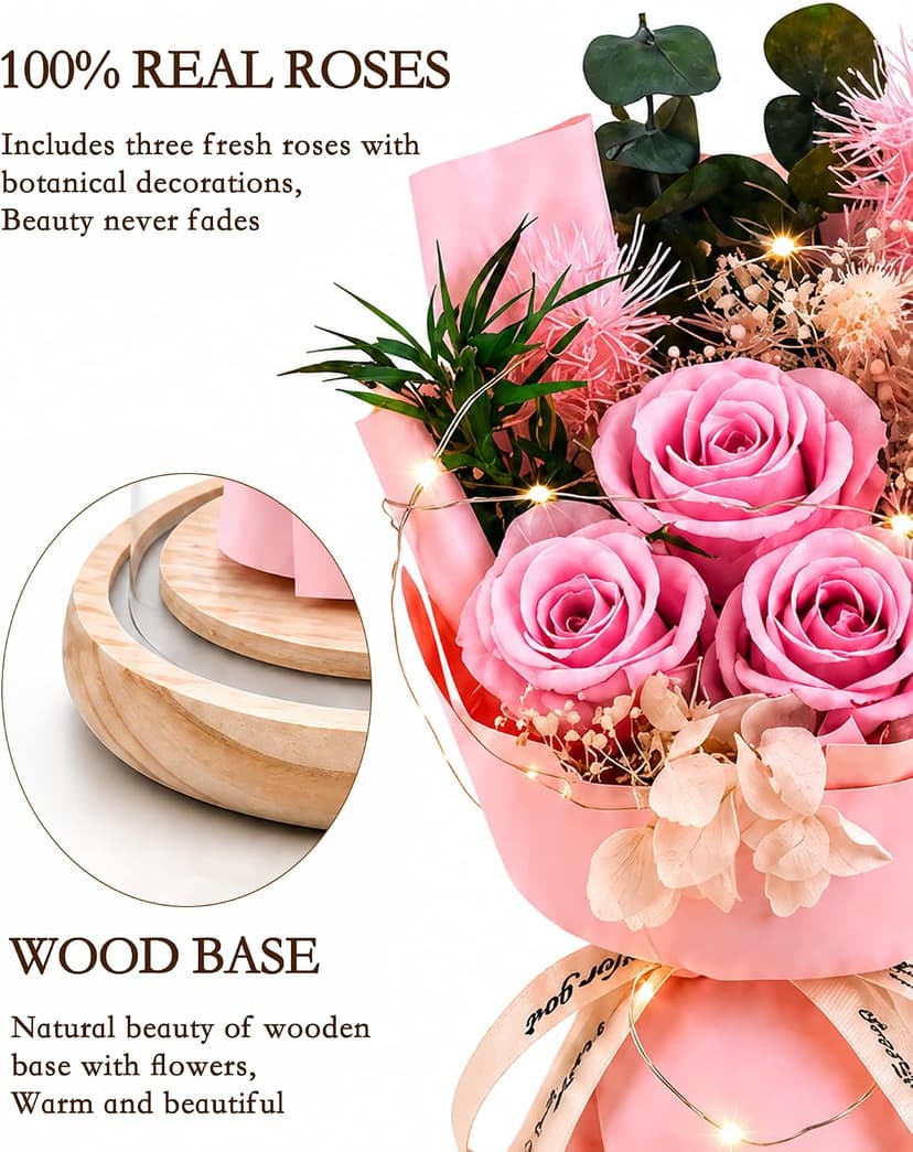 HVY Preserved Flowers Gifts for Her,Preserved Rose Bouquet in Glass Dome,Forever Flowers Fresh Bouquet Present for Women Mothers Day Birthday Gifts for Mom Wife Grandma,Pink Real Rose B0CQKXRQWD