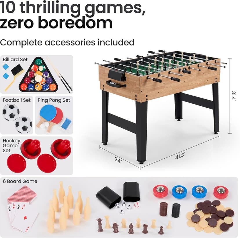 10-in-1 Foosball Table, 48" Combo Game Table - Ping Pong, Air Hockey, Pool, Soccer - All-in-One Game Table with Accessories for Indoor Outdoor Game Rooms and Family Game