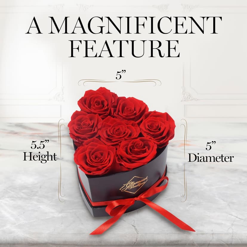 Small keepsake flower box for women, unique trinket and memory gift, cute present for a girlfriend, teacher or coworker GLAMOUR BOUTIQUE Preserved Flowers, 7 Forever Red Roses in Heart Gift Box