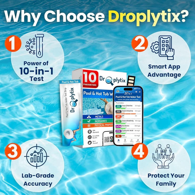 10-in-1 Pool & Spa Water Test Kit with App, Hot Tub, Saltwater, Chlorine, Alkalinity, Hardness, pH, Nitrate, Sulfate, Digital Water Quality Testing Strips (DXPOOL-R10-S10)