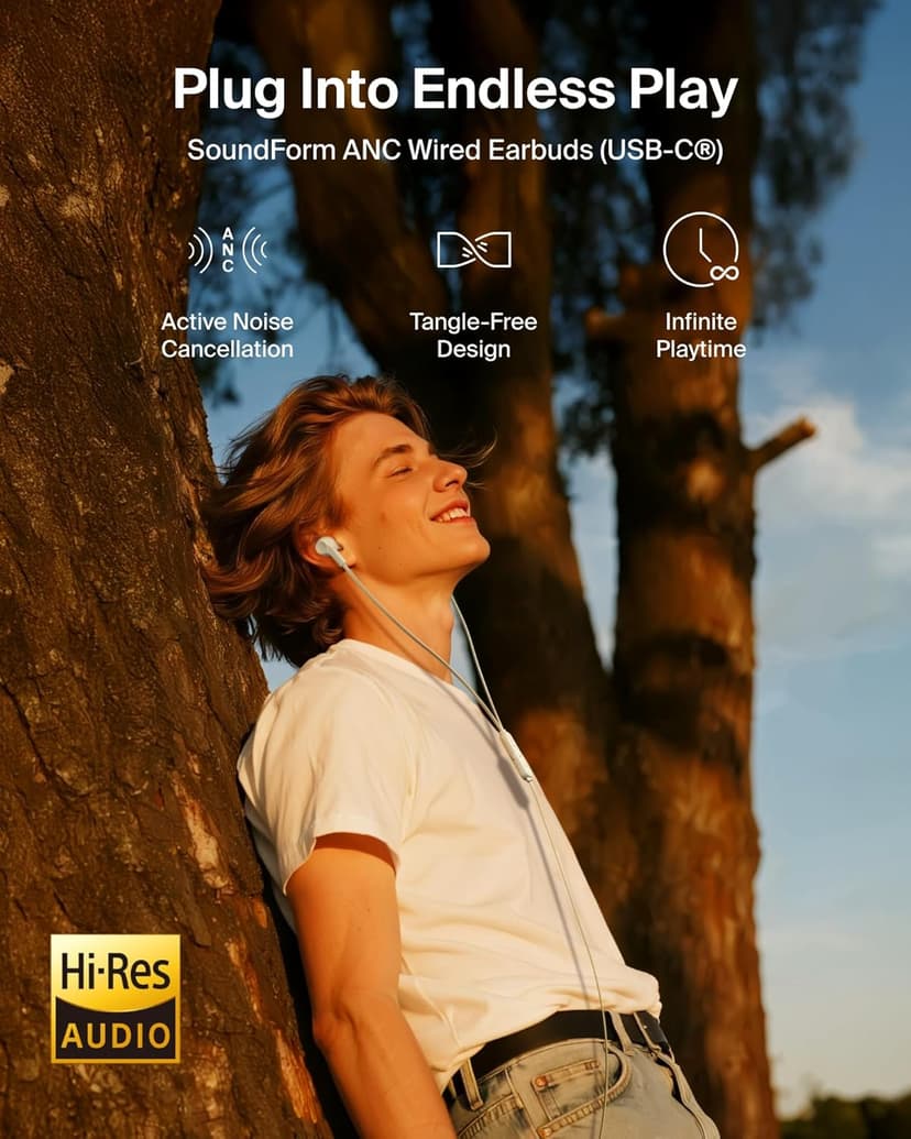 Belkin SoundForm Active Noise Cancelling Earbuds Wired with USB C Connector, IPX5-Rated, in-Ear Earphones w/Microphone for iPhone 17/16/15, iPad mini, Galaxy S25, Google Pixel 10, & More - White