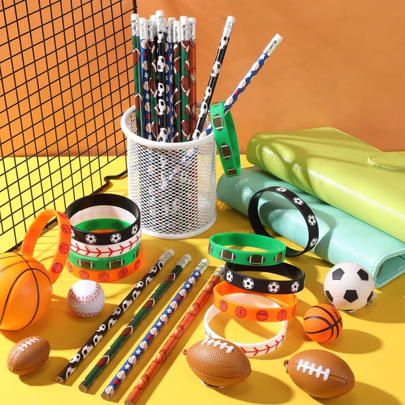 Sabary 48 Pcs Sports Pencils Silicone Bracelets Set Soccer Football Basketball Baseball Wooden Pencil Rubber Wristbands for Birthday Gifts Sports Party Favors(Multi Balls)