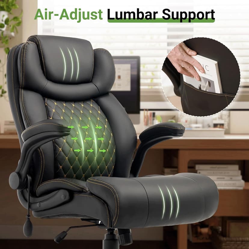 Office Chair, Big and Tall Executive Chairs with Lumbar Support for Back Pain, Breathable Desk Computer Chair with Adjustable Flip-up Armrests, Wide Cushion Swivel Home Office Chair Black PU
