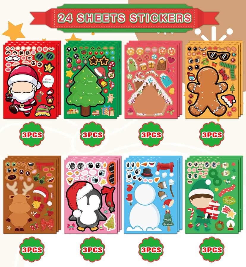 Kids Xmas Decorations Gifts Games Party Favors Supplies 24 Sheets,Stocking Stuffers,Christmas Stockings,Christmas Gift Bags Stocking Stuffers for Kids,Christmas Stickers,DIY Christmas Crafts for Kids B0F8H5X4L8