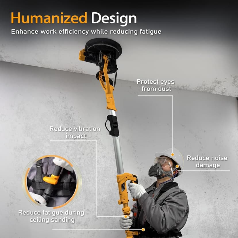 GEVEELIFE Drywall Sander, 880W 7.33A Electric Drywall Sander with Vacuum Dust Collector, 5 Variable Speed 1000-2100RPM, LED Light, Foldable & Extendable Handle, 12 Sanding Discs (Dark Orange)