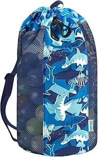 Shark Large Mesh Beach Bag for Kids, Kids Drawstring Beach Backpack for Boys, Tote Mesh Beach Toys Bag, Swim Pool Toys Balls Storage Bags Gym Bag, Beach Toy Shells Organizer