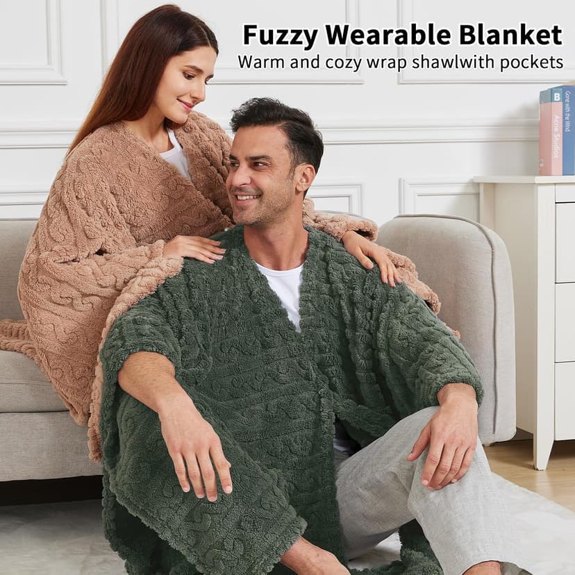 Wearable Blanket Poncho Cape Wrap for Adult, Cozy Sherpa Fleece Pocketed Shawl TV Throw Blankets for Office and Lounge,Green B0DJ8RLDQ3