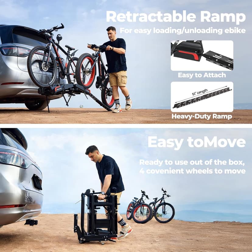 Ebike Rack with Ramp for 2 E-Bikes, Hitch Bike Rack Fits 5" Fat Tire, Heavy-Duty Platform Carrier with Ramp, Foldable Tilting Locking, 2" Receiver for Cars SUVs Trucks, No Assembly