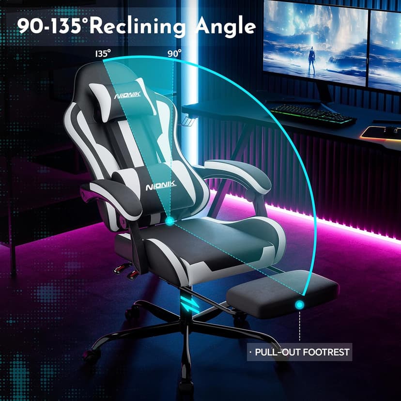 Gaming Chair, Ergonomic Computer Chair with Footrest and Lumbar Support, Height Adjustable Game Chair with 360°-Swivel Seat and Headrest and for Office or Gaming Blackwhite