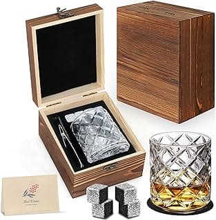Whiskey Stones Gift Set - Bourbon Stones Gift for Men - 4 Granite Chilling Whiskey Rocks - Whiskey Glass and Stones Set - Drinking Gifts for Men Dad Husband Birthday Father's Day Groomsmen Gifts