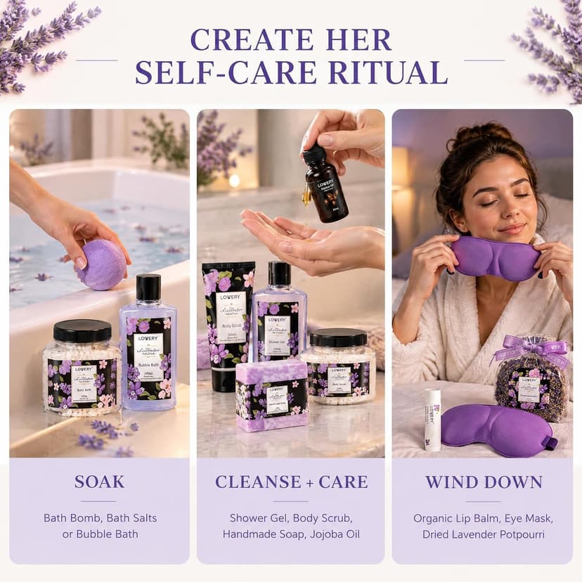 Gifts for Women, Moms, Lavender & Lilac Spa Gift Basket Set - Handmade Soap, Potpourri, Bath Bomb, Jojoba Oil, Organic Lip Balm & More - Stress Relief, Bath & Body Self Care Package B08DFG13DT