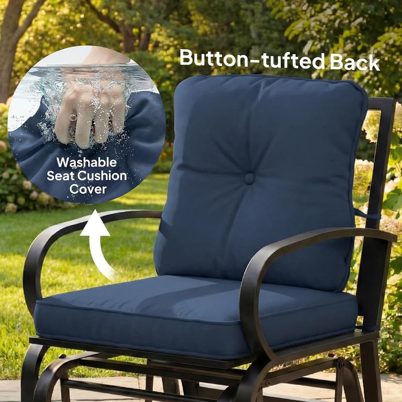 Outsunny Patio Glider, Outdoor Glider Chair with Cushions, Steel Frame, Curved Armrests, Single Gliding Chair for Yard, Porch, Garden, Poolside, Dark Blue