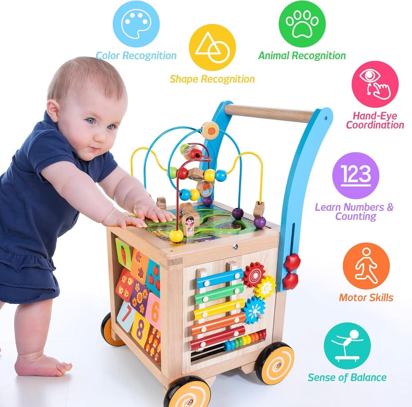 Wooden Baby Walker | Baby Push Walker with 9-in-1 Activity Cube, Sit to Stand Learning Walker Toy with Wheels for Boys Girls, Montessori Activity Center Walker, Adjustable Speed & Height