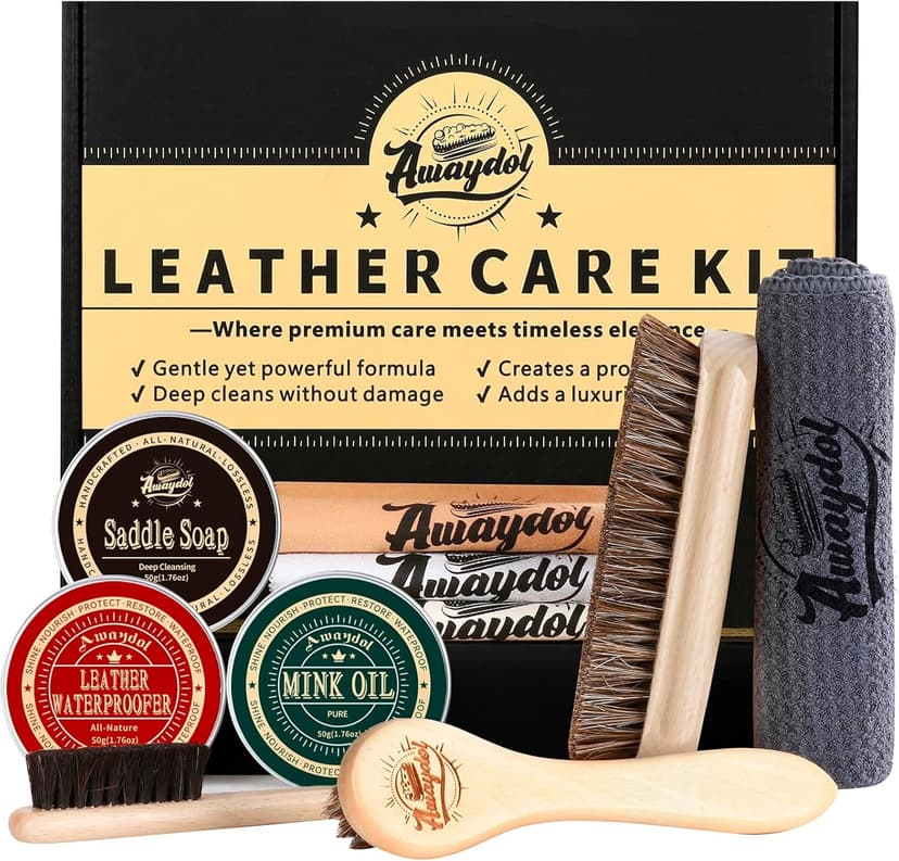 Awaydol 10 PCS Leather Care Kit - Horsehair Brushes,Saddle Soap,Waterproofing Wax,Mink Oil Conditioner,Polishing Cloth,Microfiber cloth,Boot Shoe Shine Cleaning Kit Gift for Men Cowboy Husband Dad 