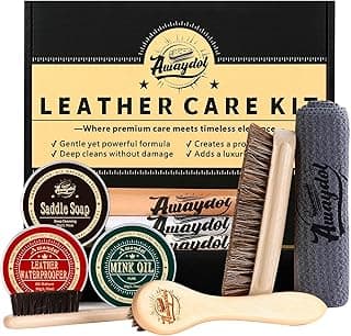 Awaydol 10 PCS Leather Care Kit - Horsehair Brushes,Saddle Soap,Waterproofing Wax,Mink Oil Conditioner,Polishing Cloth,Microfiber cloth,Boot Shoe Shine Cleaning Kit Gift for Men Cowboy Husband Dad ﻿