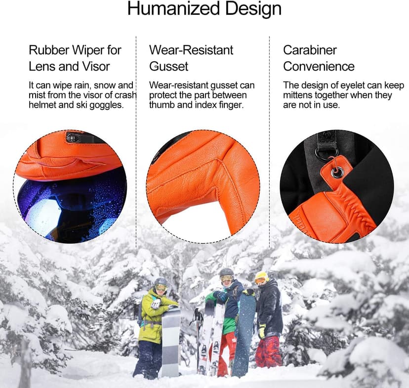 KUTOOK Winter 3 Fingers Ski Mittens Goatskin Thermal 3M Thinsulate Waterproof Snowboarding Gloves with Pocket for Men Women