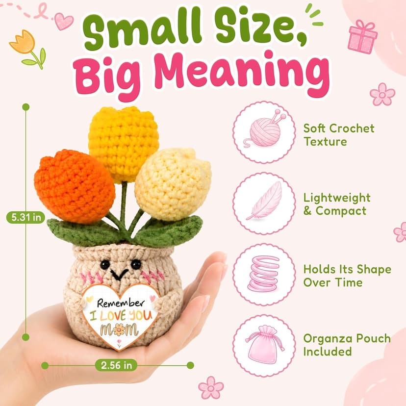 Mom Birthday Gifts, Mother Daughter Gift, Positive Crochet, Handmade Keepsake, Soft Yarn Texture, Cute Tulip Decor OASSIE Mom Gifts from Daughters Sons - Emotional Support Crochet Tulip