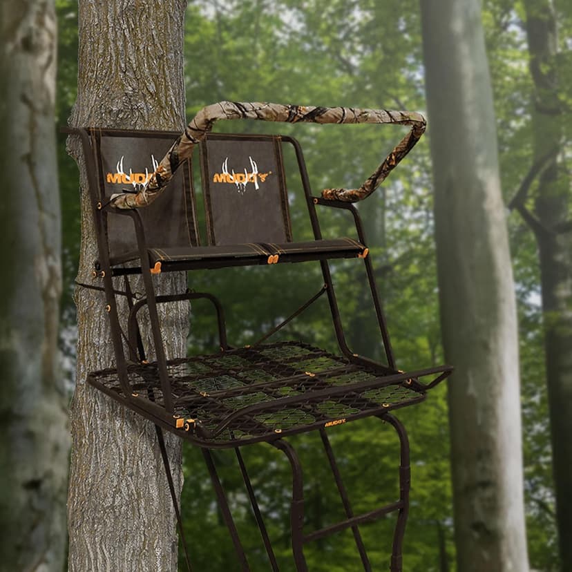 Muddy 2-Person Ladder Tree Stand for Deer Hunting, The Partner, 17' Tall, Black - Adjustable Climbing Treestand with Platform, Straps and Safety Harness for Shooting