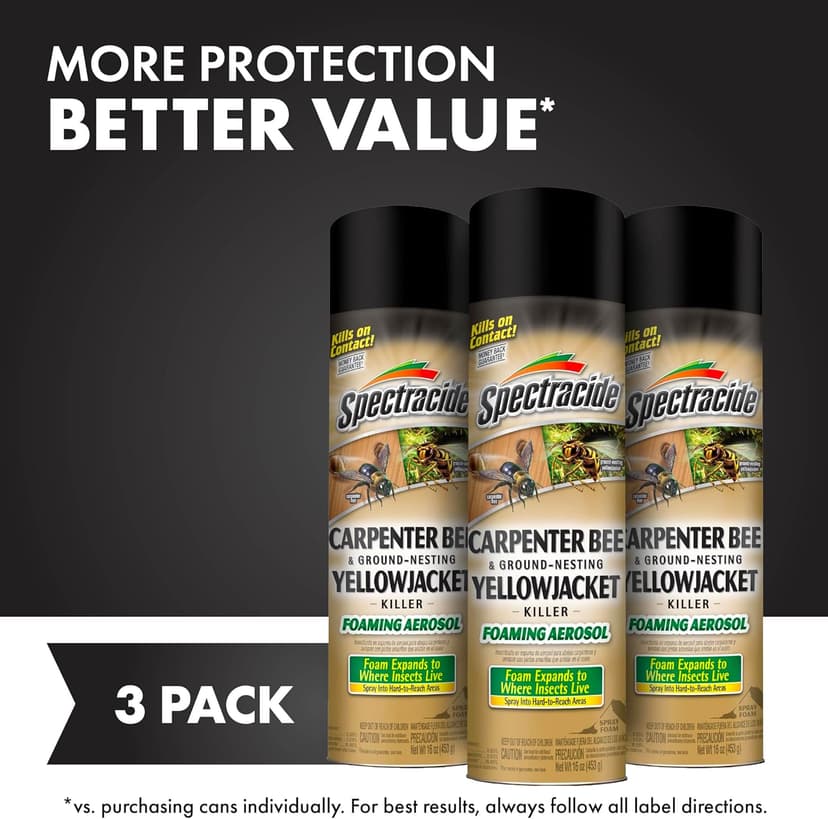 Spectracide Carpenter Bee and Ground-Nesting Yellowjacket Killer Foaming Aerosol 16 Ounces, Expands to Where Insects Live, 3 Pack