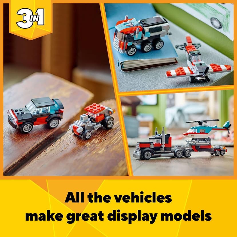 LEGO Creator 3 in 1 Flatbed Truck with Helicopter Toy, Transforms from Flatbed Truck Toy to Propeller Plane to Hot Rod and SUV Cars, Gift Idea for Boys and Girls Ages 7 Years Old and Up, 31146 B0CGY4J7QT