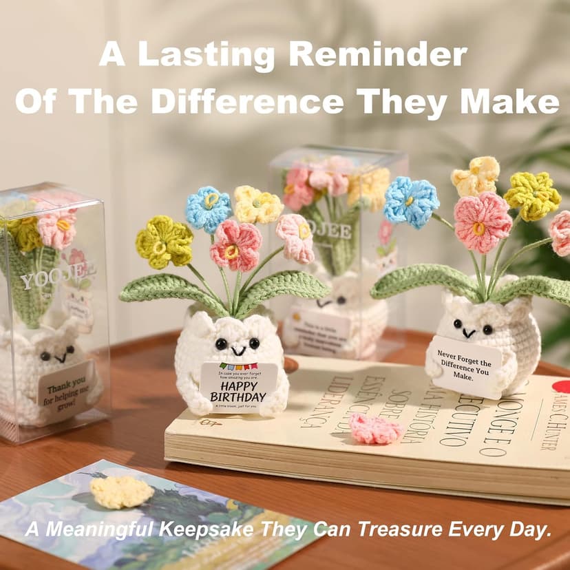 Cute Gifts for Women, Boss Day, Teacher Appreciation, Coworker & Nurse Thank You Gift, Desk Decor, 4.7 In H × 2.4 In W Forget-Me-Not Crochet Flower Potted Plant Gift B0F26ST99P