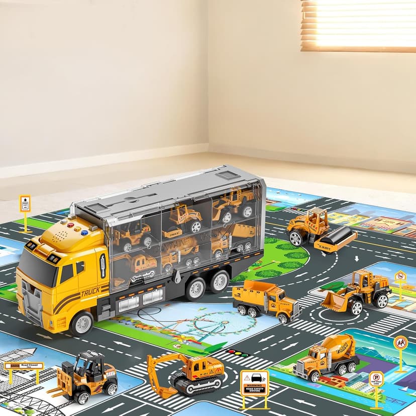 NIPLOOOW Kids Boys Construction Truck Vehicle Toy Set with Play Mat and Die-Cast Toy Car, Transport Carrier Truck for Kids 3-5, Birthday Gifts Toys for 3-8 Year Old Boys B0D7M51TRB