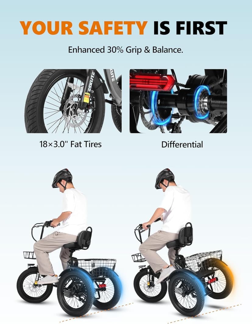 T300 Adults Electric Trike Bike, 1200W Peak Motor & 624Wh Removable Battery,18x3.0 Fat Tire Foldable 3-Wheel E-Bike with Step-Thru Design, Up to 65 Miles, Gift for Parents