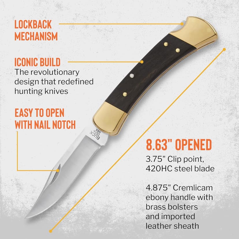 Buck Knives 110 Folding Hunter Knife, 3-3/4" Blade, Lockback Design, Ebony Handle, Brass Bolsters, 420HC Stainless Steel Clip Point Blade, Sheath Included, Hunting Knife Made in the USA, 7.2 oz