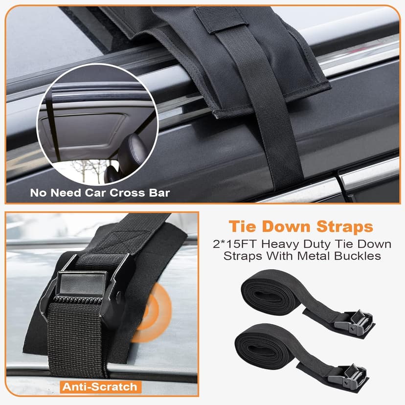 Golkcurx Universal Soft Roof Rack Pads for Kayak,Surfboard, SUP, Canoe, Snowboard with15FT Tie-Down Straps*2 and Storage Bag*1 (Black)