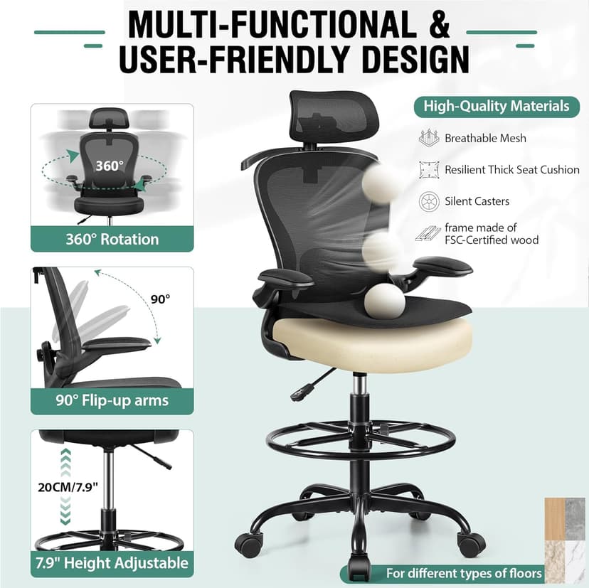 Drafting Chair, Tall Office Chair with 3D Lumbar & Head Support, Ergonomic Mesh Standing Desk Chair with Footring, Comfy Extended High Desk Chair with Flip-Up Arms & Hanger,Black