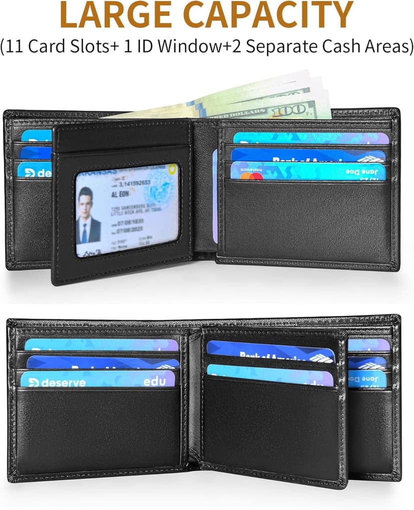 MARZAHAR Genuine Leather Mens Wallet, RFID Blocking Bifold Wallet for Men with ID Window, 11 Credit Card Slots (Black)