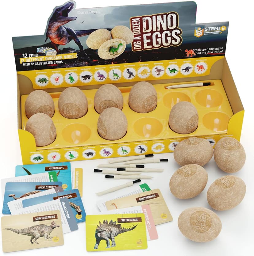 Dan&Darci Dig a Dozen Dino Egg Kit for Kids - Dinosaur Toys Gift 3-12 Year Old - 12 Eggs & Surprise Dinosaurs - Basket Stuffers - Science STEM Activities - Boy Toy Party Gifts for Boys & Girls