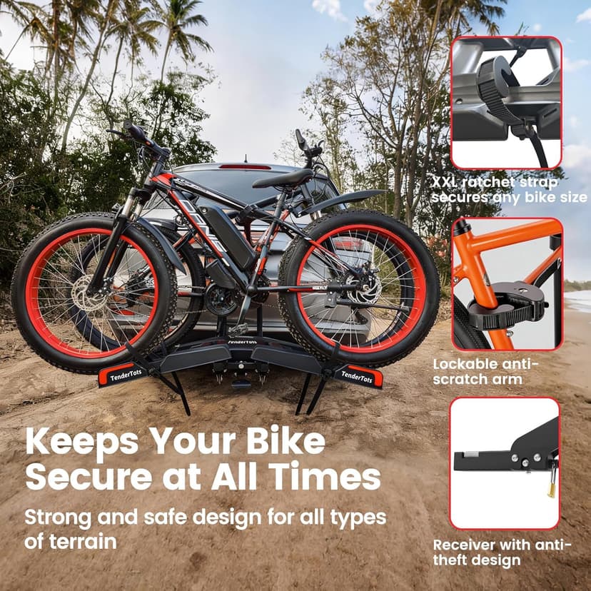 Ebike Rack with Ramp for 2 E-Bikes, Hitch Bike Rack Fits 5" Fat Tire, Heavy-Duty Platform Carrier with Ramp, Foldable Tilting Locking, 2" Receiver for Cars SUVs Trucks, No Assembly