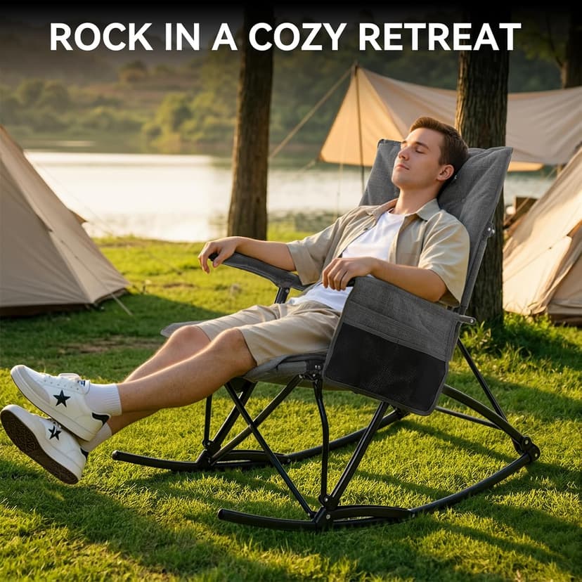 Huskfirm Oversized Rocking Camping Chair Folding Rocking Chair with High Back Padded Outdoor Rocking Chair Heavy Duty Portable Rocker Chair for Camping, Lawn and Patio, Supports Up to 400 lbs, Grey