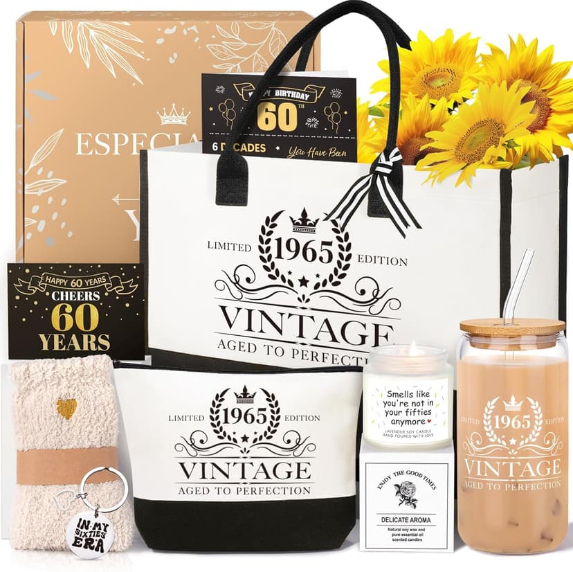 60th Birthday Gifts for Her Women, Cool Gifts for 60 Year Old Woman, Sixty Birthday Tote Bag Glass Cup Candle Gift Basket Ideas Daughter Mom Sister Friend Wife Coworkers