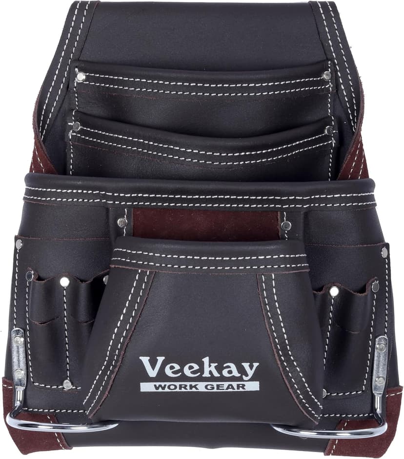 VEEKAY 10 Pockets Men Resin Finish/Oil Tanned Leather Tool Pouch White and Brown Bags Fastener Carpenter's Nail, Tool Heavy Duty Steel Hammer Loop, Belt Loop for Electrician Technician Installers